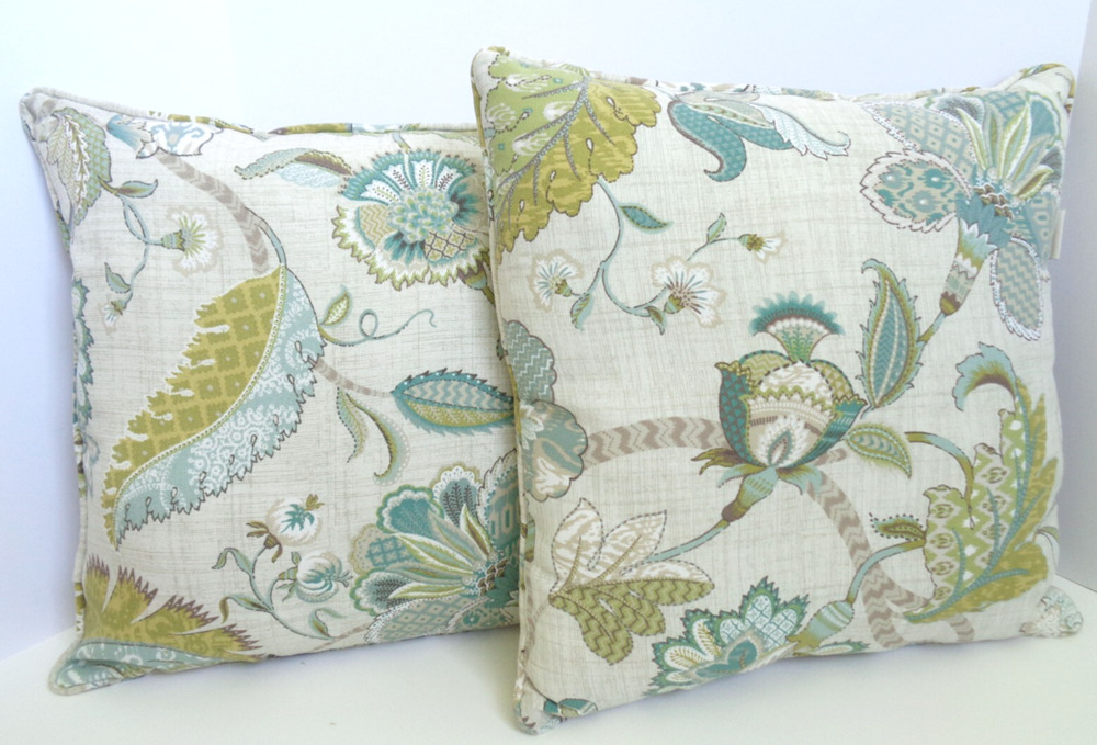 Pier 1 Linen Blue Floral Throw Pillow Flowers Green Leaves 17” Cottage Set of 2